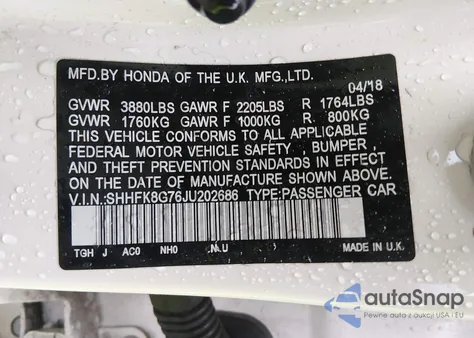 2018 Honda Civic Type R Touring z USA, uszkodzony, nr VIN SHHFK8G76JU202686